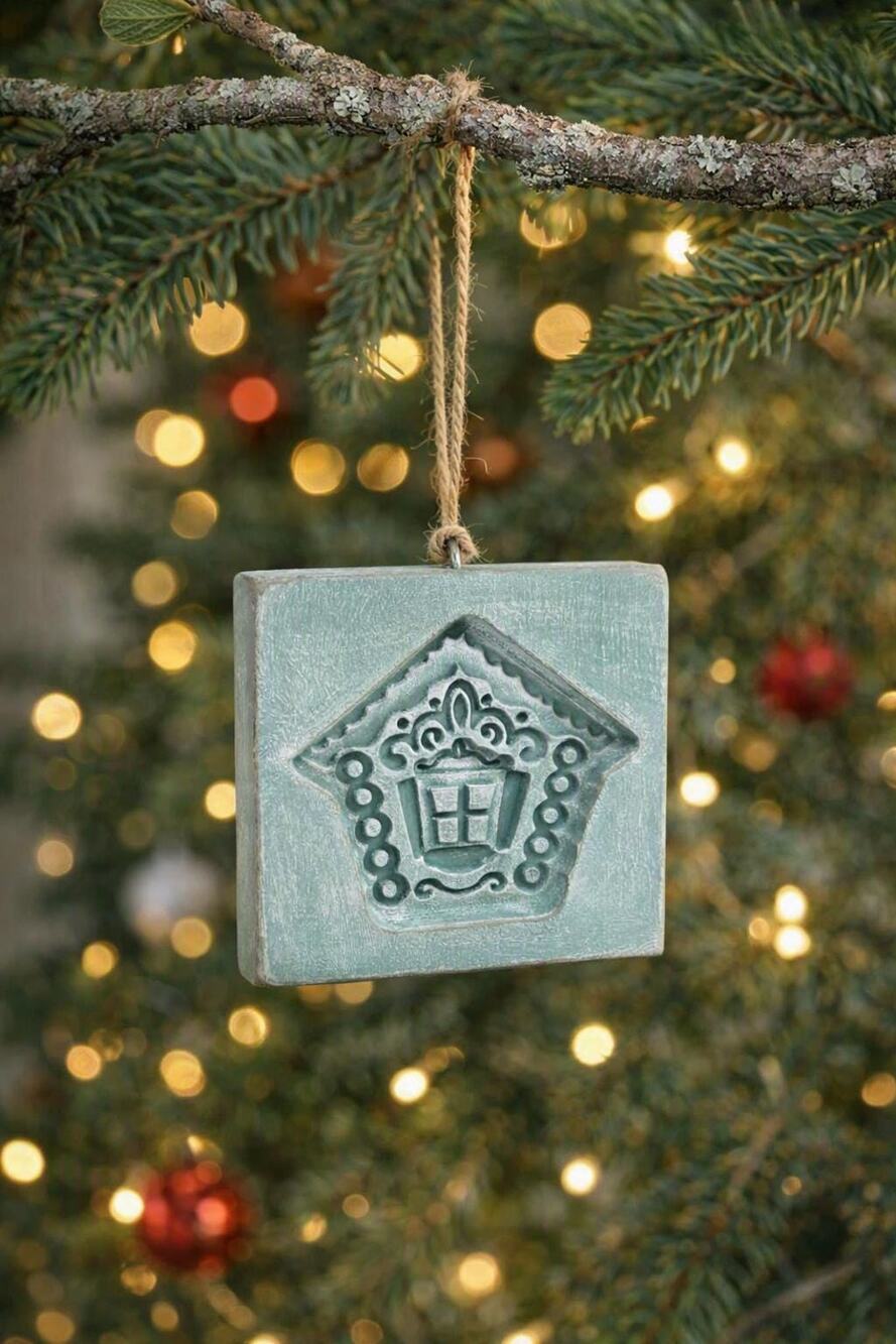 Upcycled Carved Wood Ornament – Light Blue & Silver, Rustic Holiday Decor